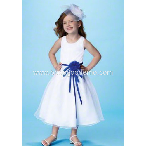 Ball Gown Round Neck Tea-length Satin Tulle Flower Girl Dress